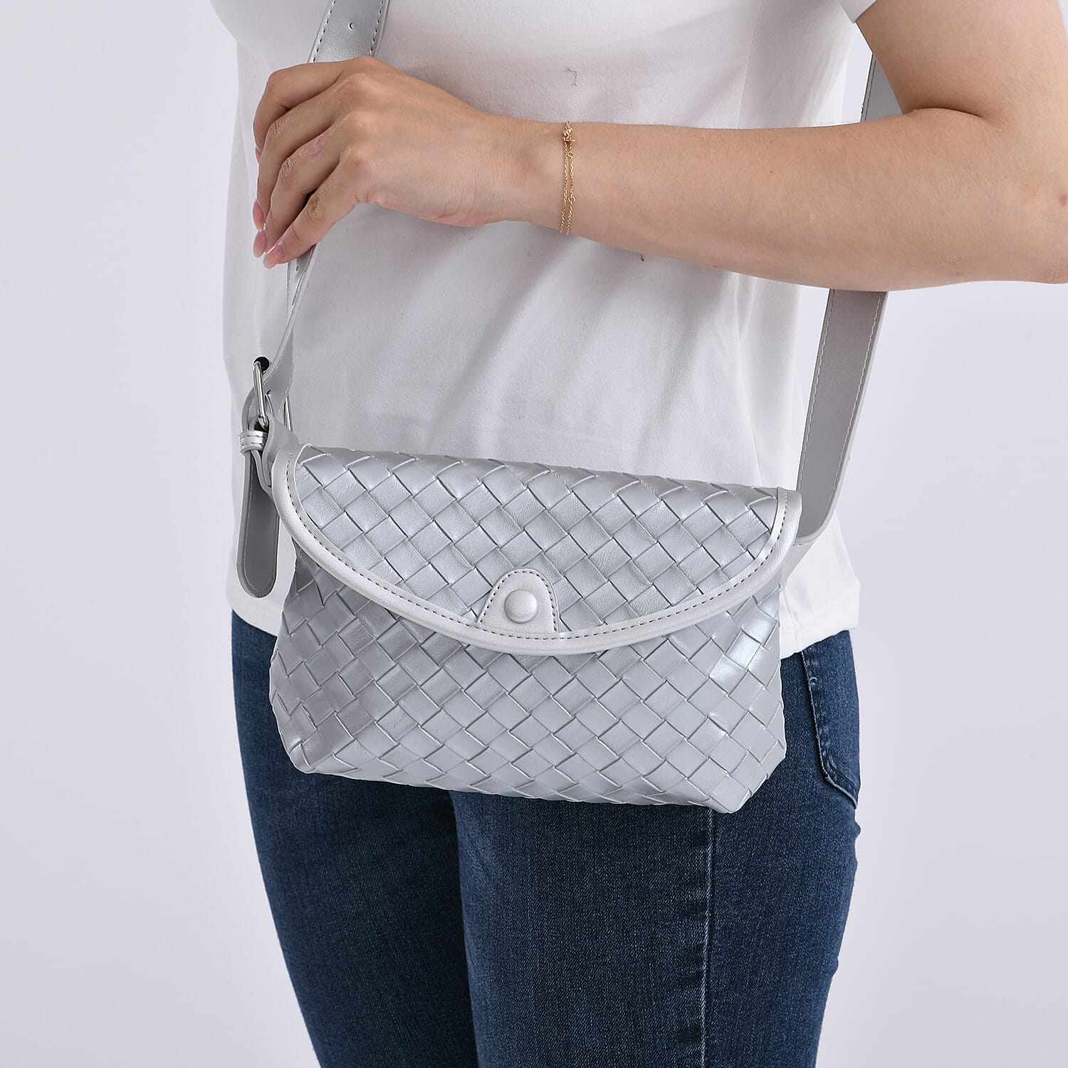 Woven Pattern Crossbody Bag with Flap Closure - Silver
