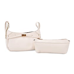 Elegant Hobo Bag with Front Lock and Pouch Set - Off White