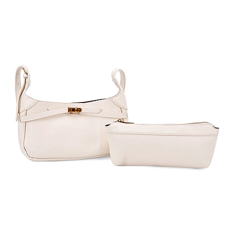Elegant Hobo Bag with Front Lock and Pouch Set - Off White