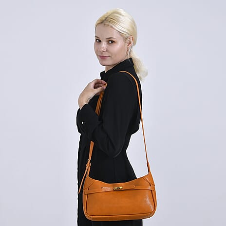 Elegant Hobo Bag with Front Lock and Pouch Set - Orange