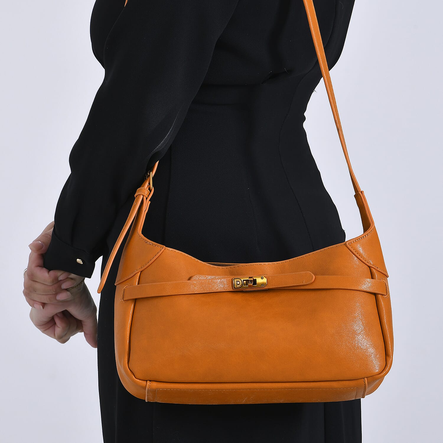 Elegant Hobo Bag with Front Lock and Pouch Set - Orange