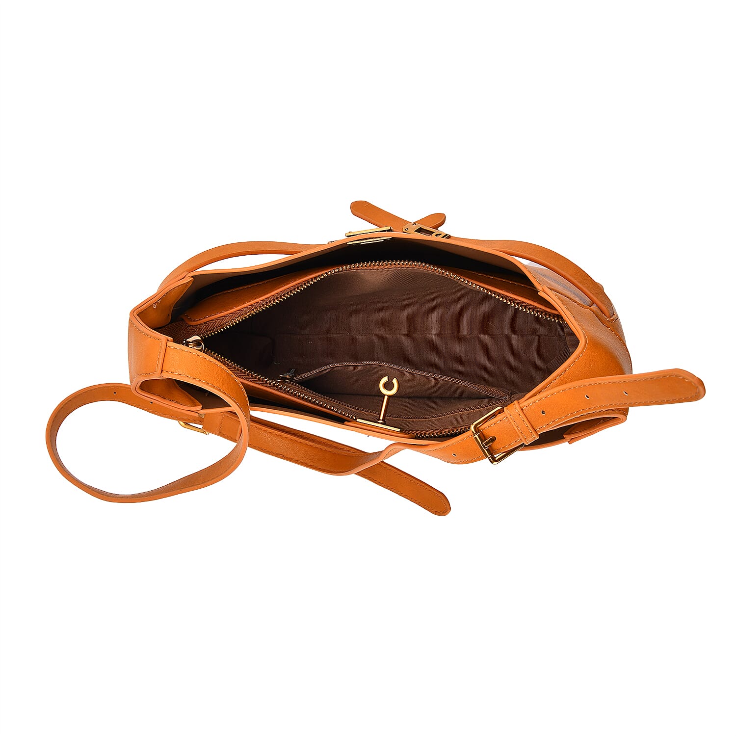 Elegant Hobo Bag with Front Lock and Pouch Set - Orange