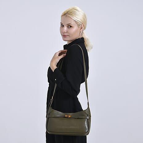 Elegant Hobo Bag with Front Lock and Pouch Set - Dark Olive Green