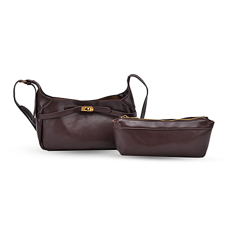 Elegant Hobo Bag with Front Lock and Pouch Set - Coffee