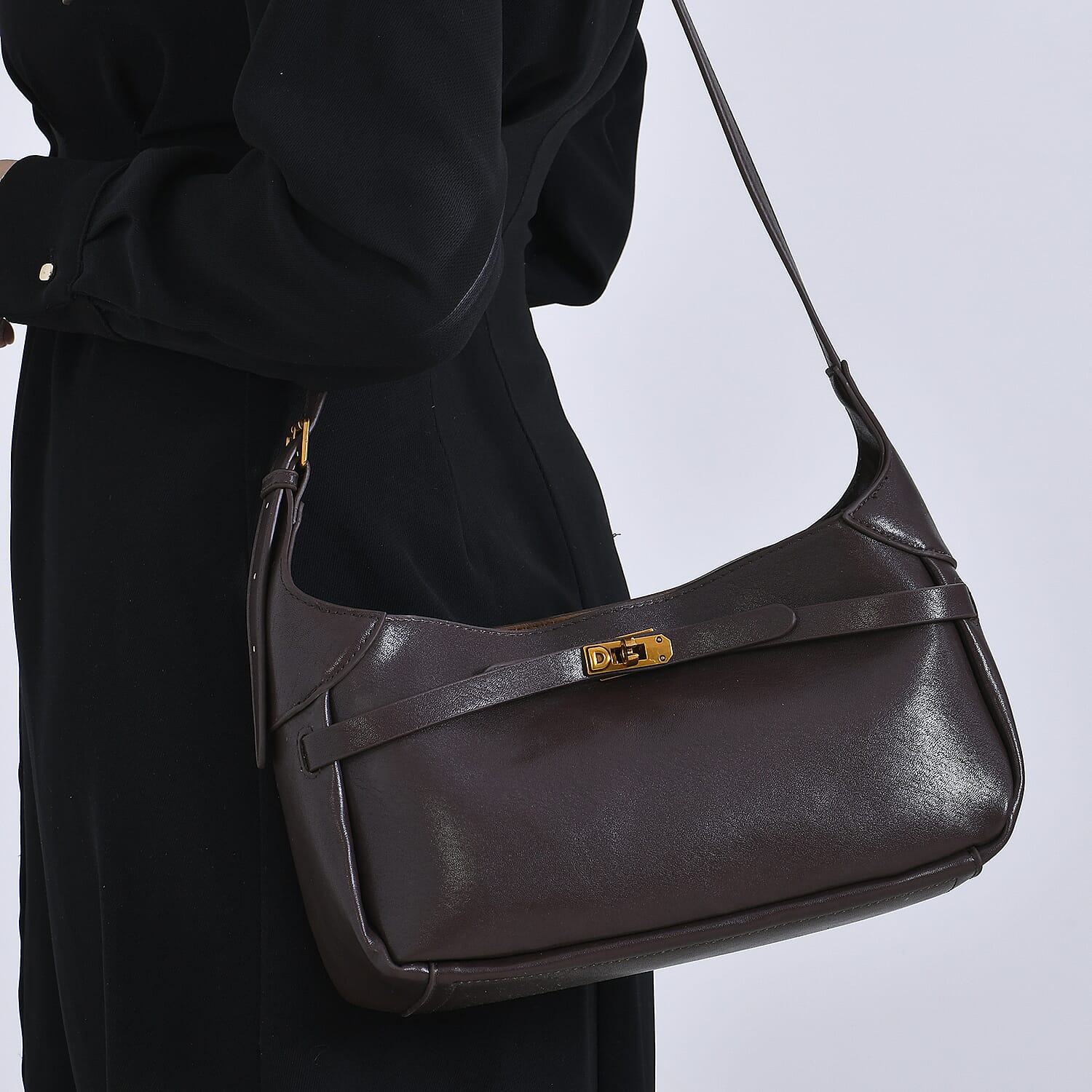 Elegant Hobo Bag with Front Lock and Pouch Set - Coffee