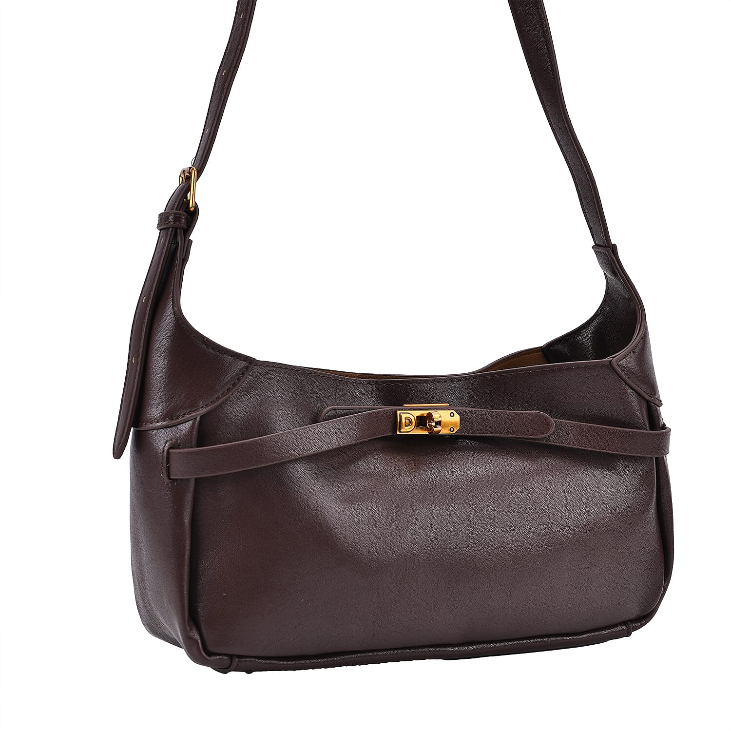 Elegant Hobo Bag with Front Lock and Pouch Set - Coffee