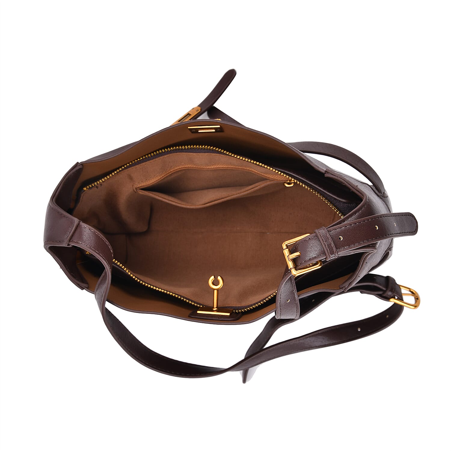 Elegant Hobo Bag with Front Lock and Pouch Set - Coffee