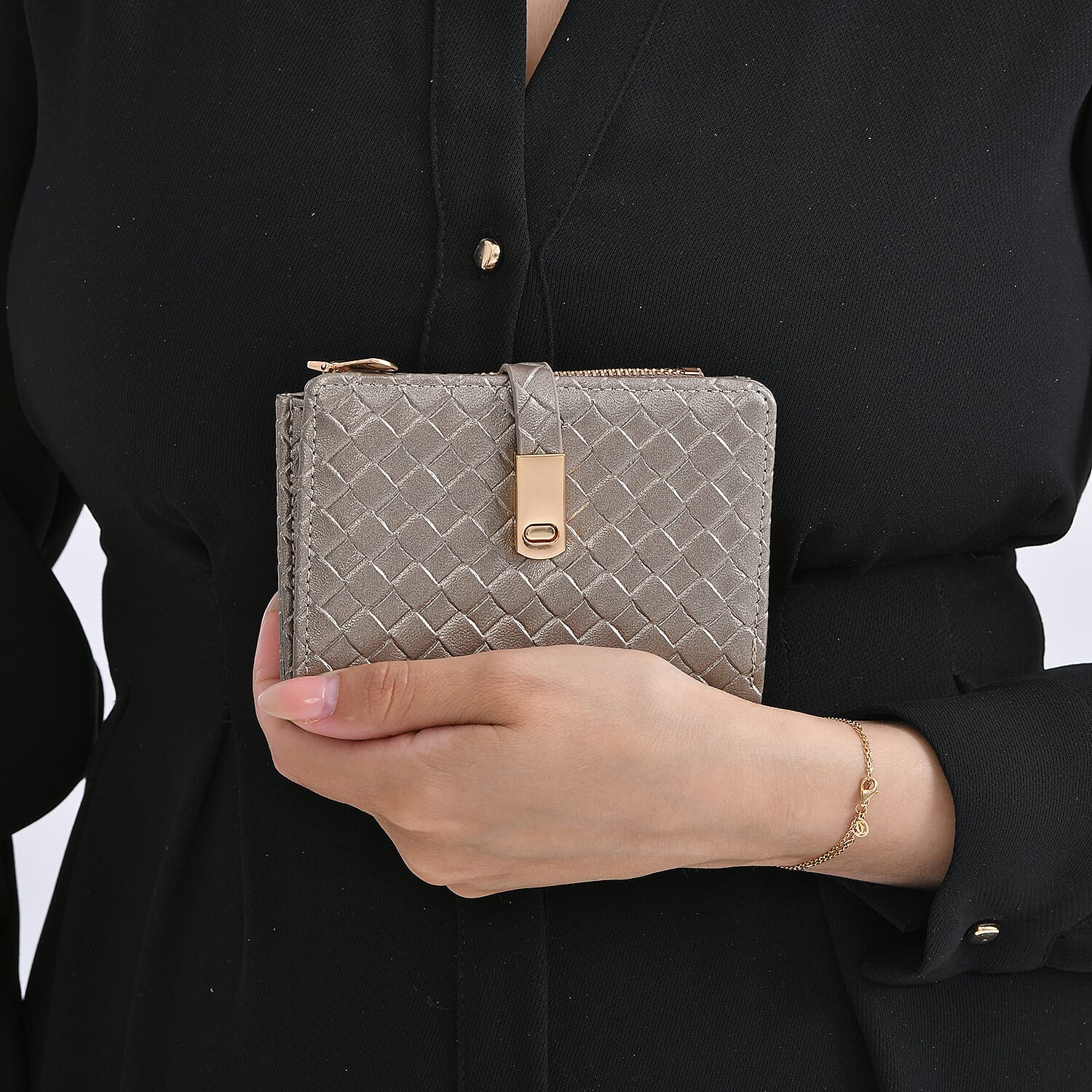 Designer Inspired-Compact RFID Protected Wallet with Gold Clasp - Gold