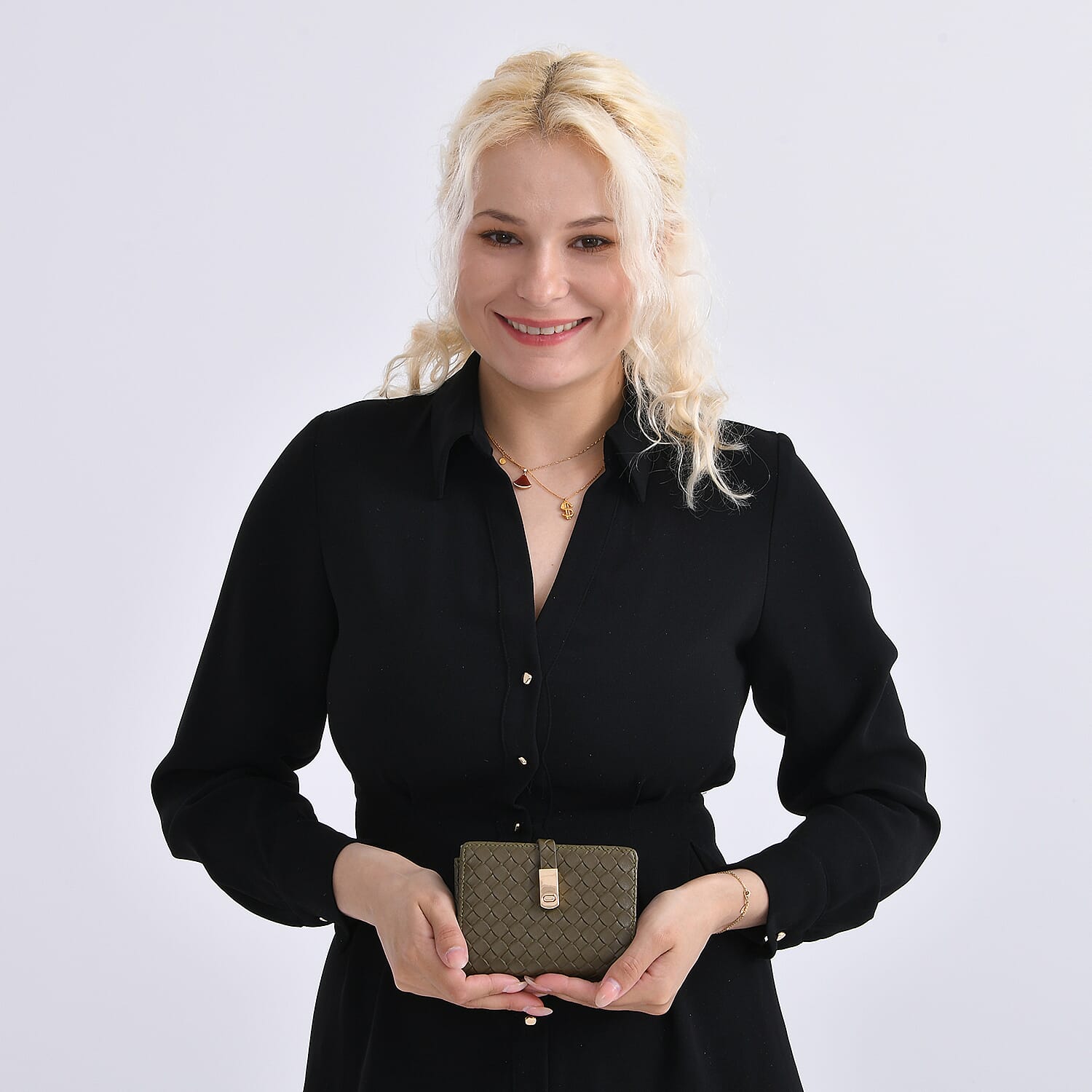 Designer Inspired-Compact RFID Protected Wallet with Gold Clasp - Green