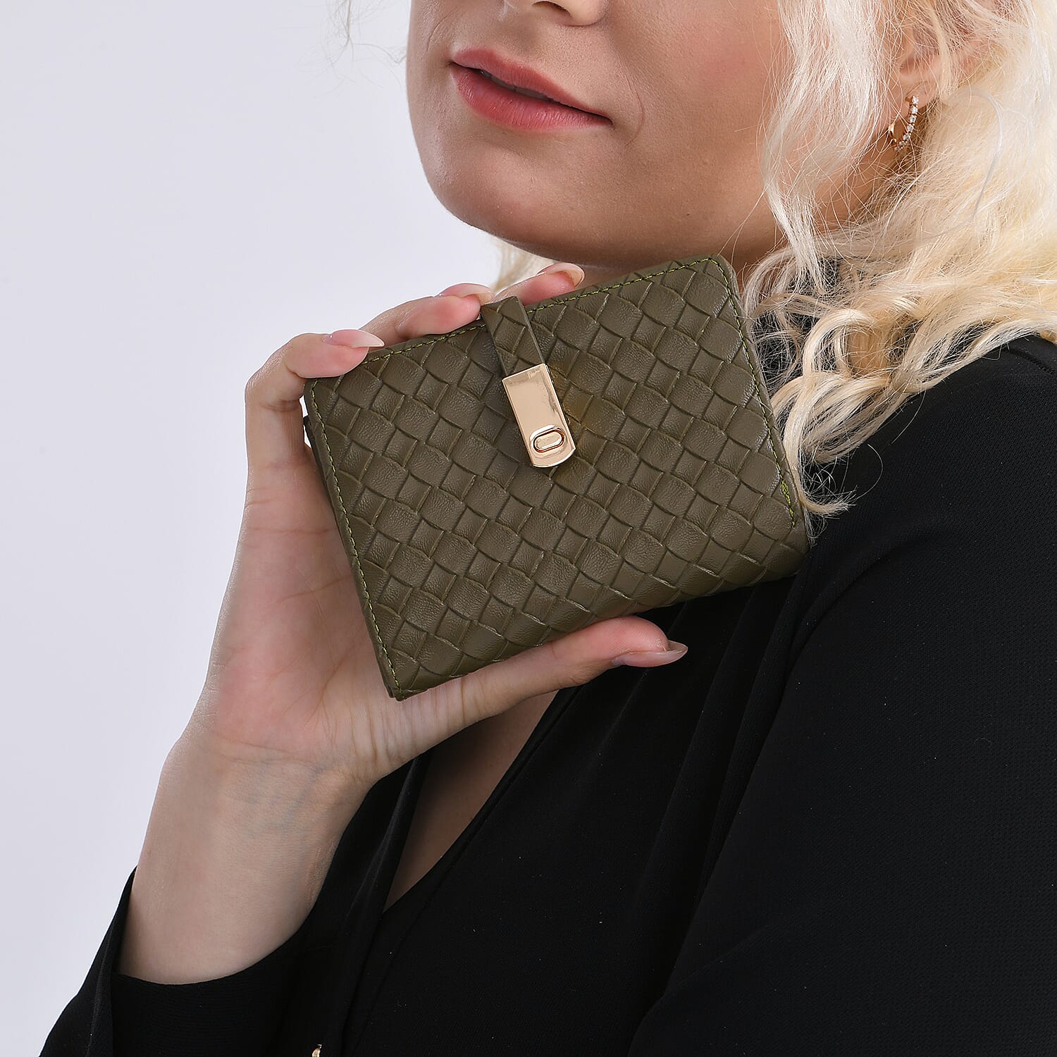 Designer Inspired-Compact RFID Protected Wallet with Gold Clasp - Green