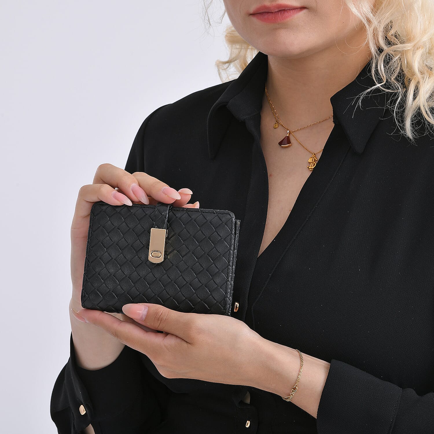 Designer Inspired-Compact RFID Protected Wallet with Gold Clasp - Black