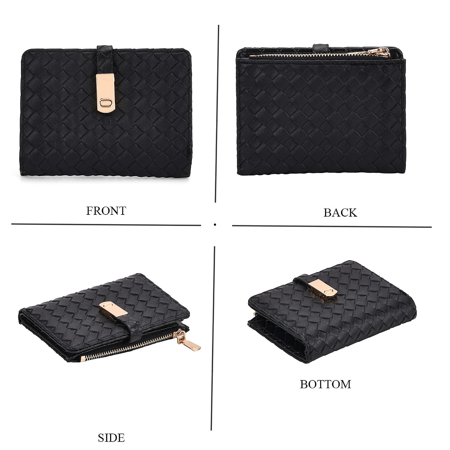 Designer Inspired-Compact RFID Protected Wallet with Gold Clasp - Black
