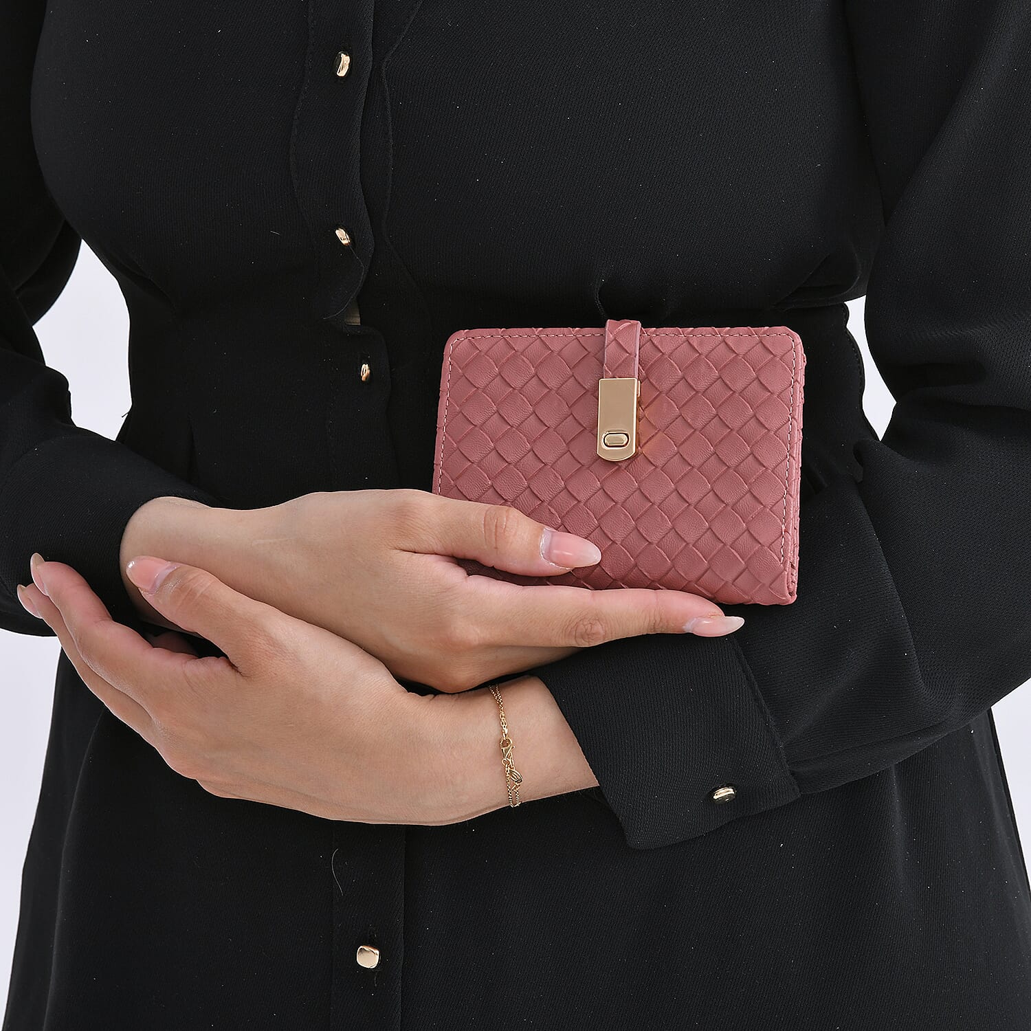 Designer Inspired-Compact RFID Protected Wallet with Gold Clasp - Red