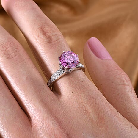 Pink Lotus Moissanite Ring in Rhodium Overlay Sterling Silver 2.91 Ct.