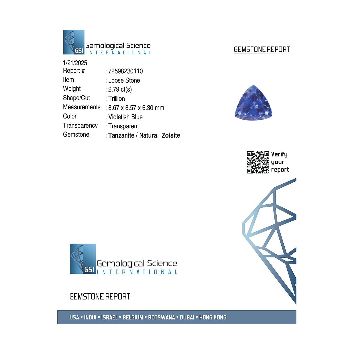 Tanzanite Trillion Size Varies