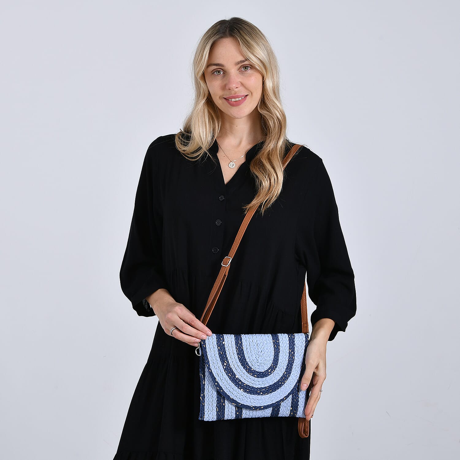 Bohemian Style Stripe Pattern Clutch with Long Adjustable Strap - Blue & Black