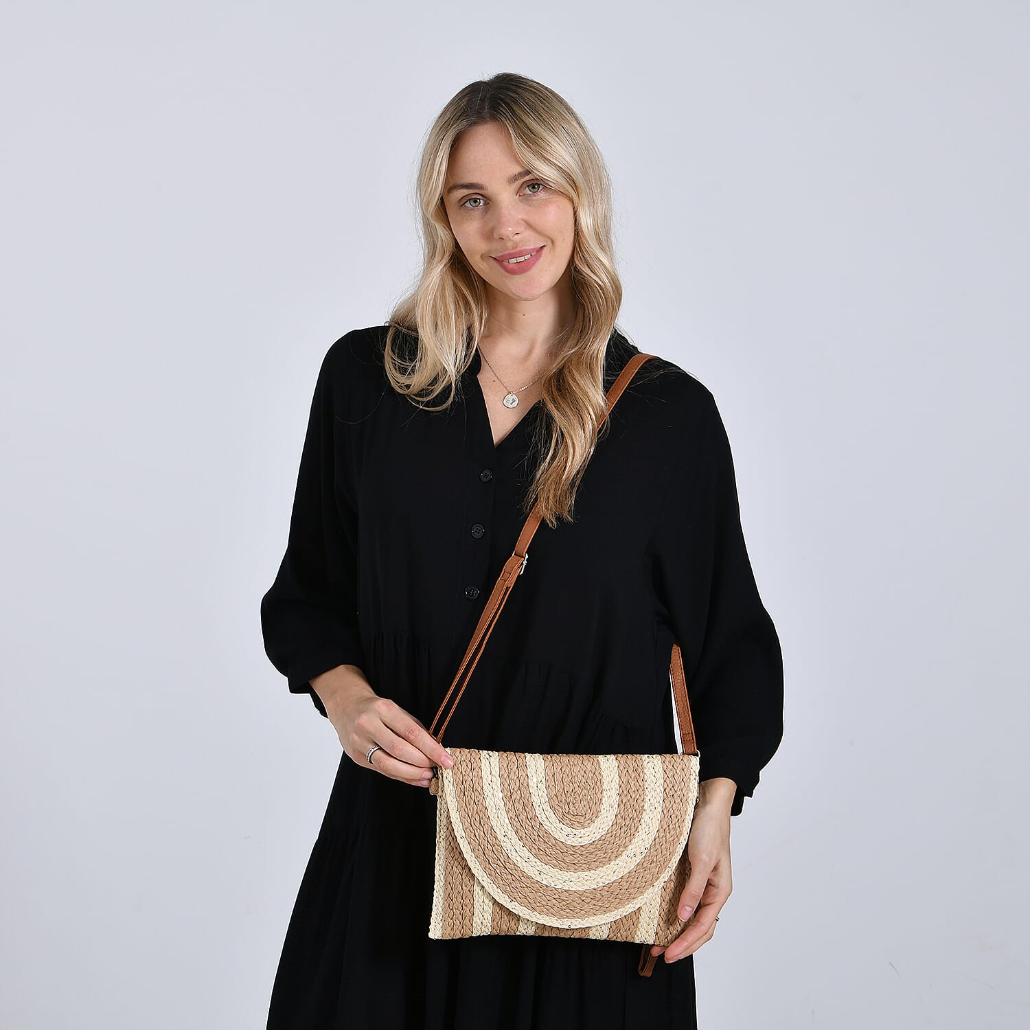 Bohemian Style Stripe Pattern Clutch with Long Adjustable Strap - Khaki & Beige