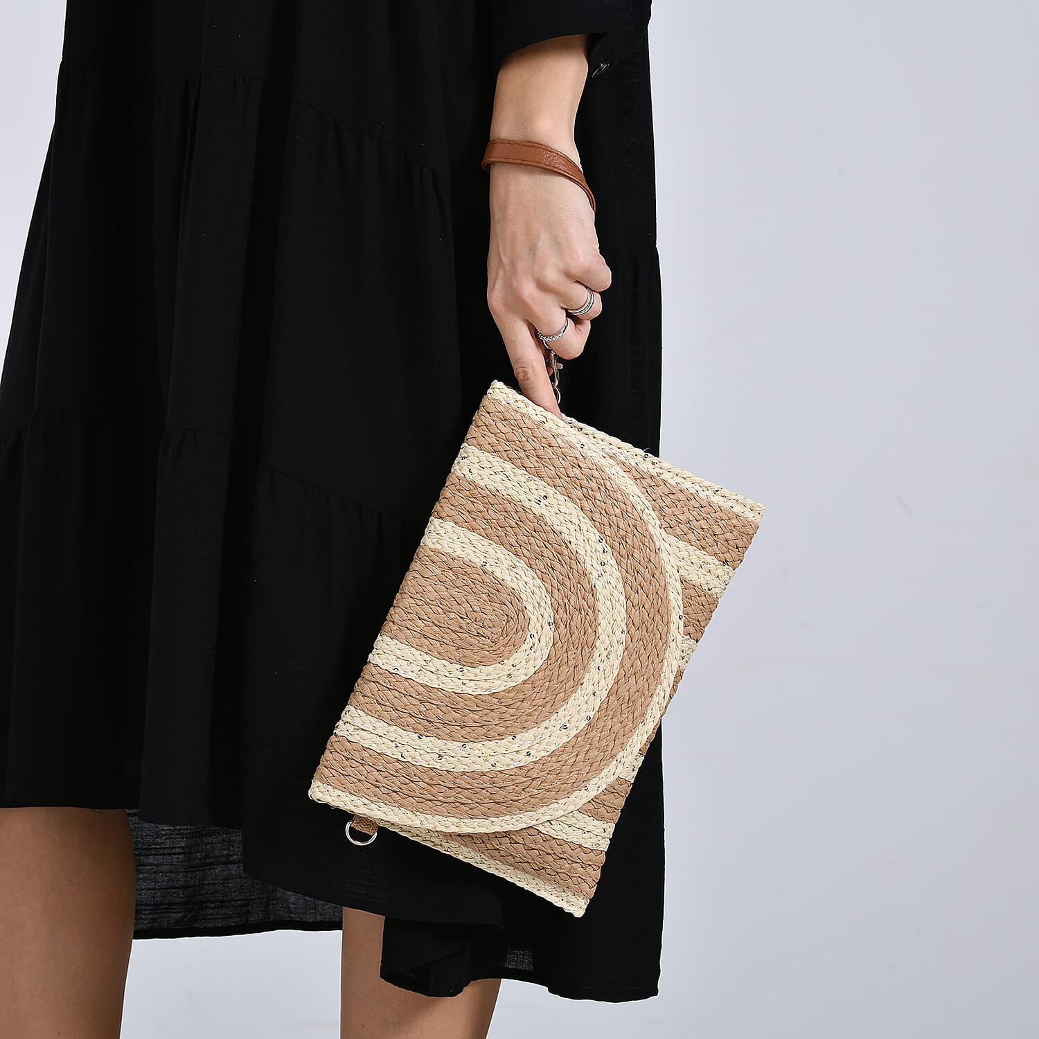 Bohemian Style Stripe Pattern Clutch with Long Adjustable Strap - Khaki & Beige