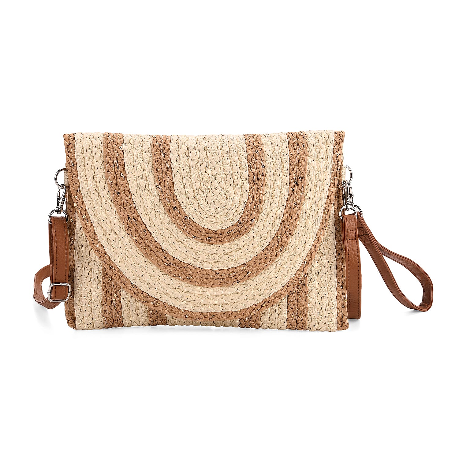 Bohemian Style Stripe Pattern Clutch with Long Adjustable Strap - Beige & Khaki