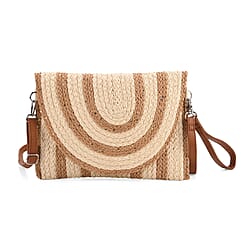 Bohemian Style Stripe Pattern Clutch with Long Adjustable Strap - Khaki & Beige