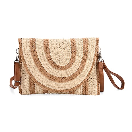 Bohemian Style Stripe Pattern Clutch with Long Adjustable Strap - Beige & Khaki