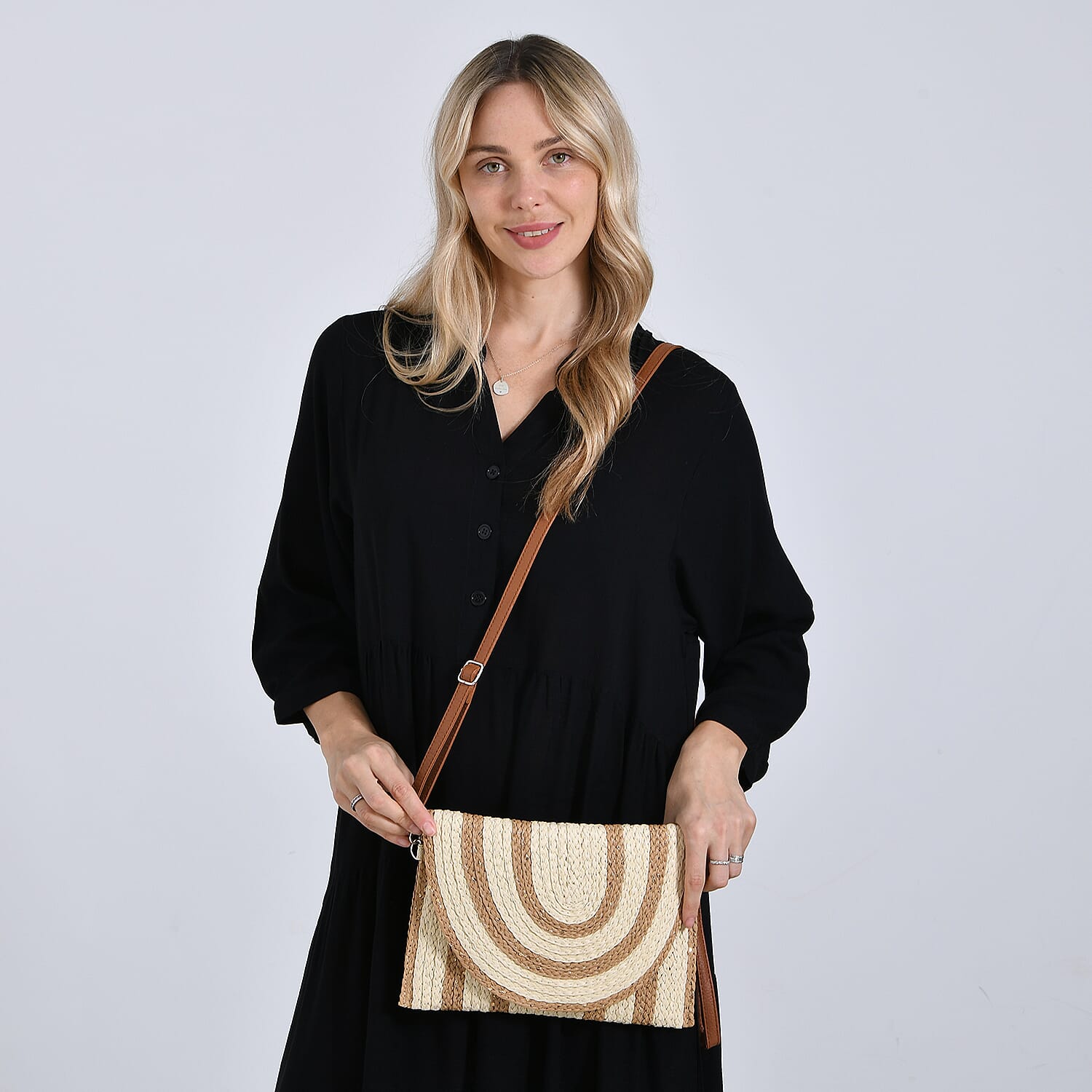 Bohemian Style Stripe Pattern Clutch with Long Adjustable Strap - Beige & Khaki