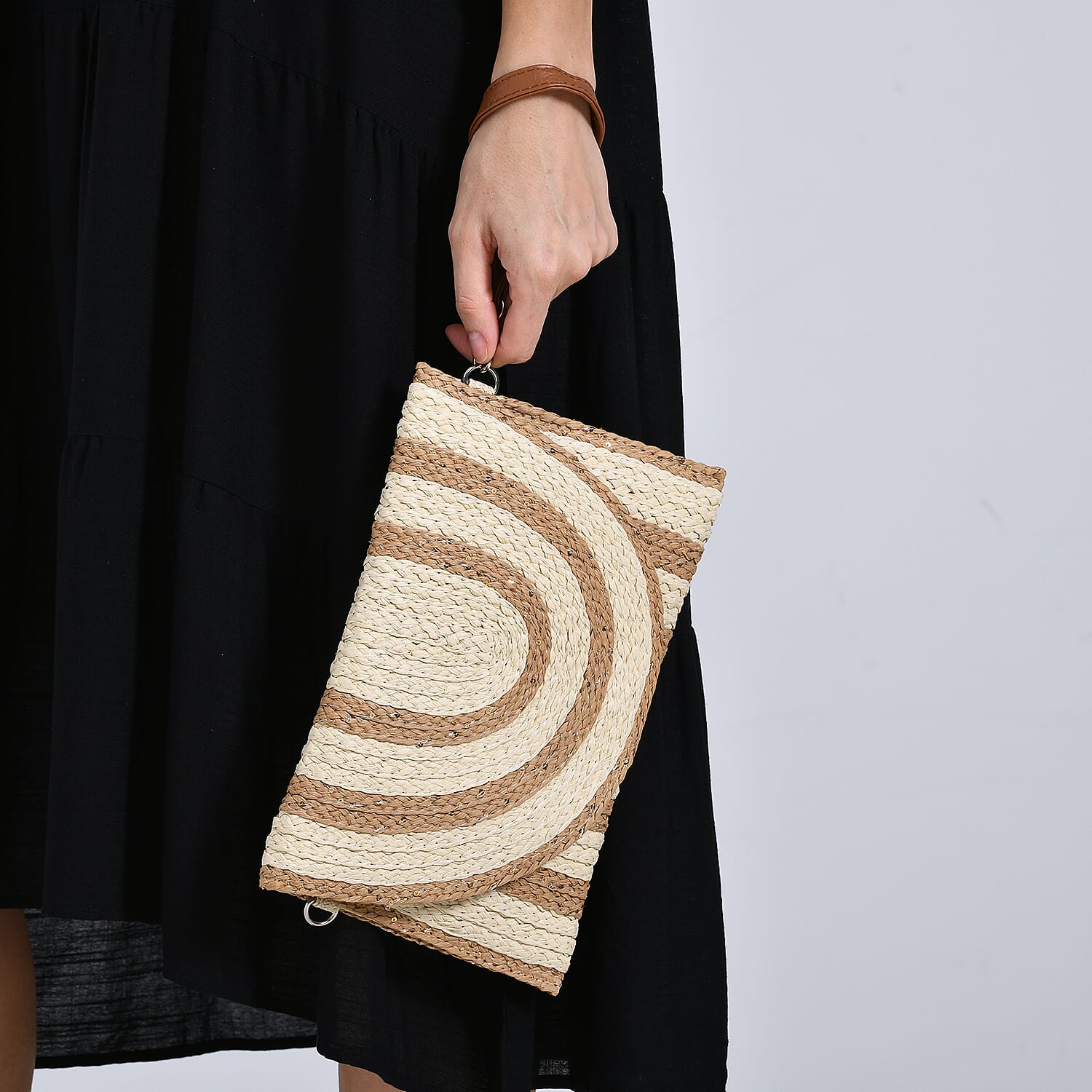 Bohemian Style Stripe Pattern Clutch with Long Adjustable Strap - Beige & Khaki
