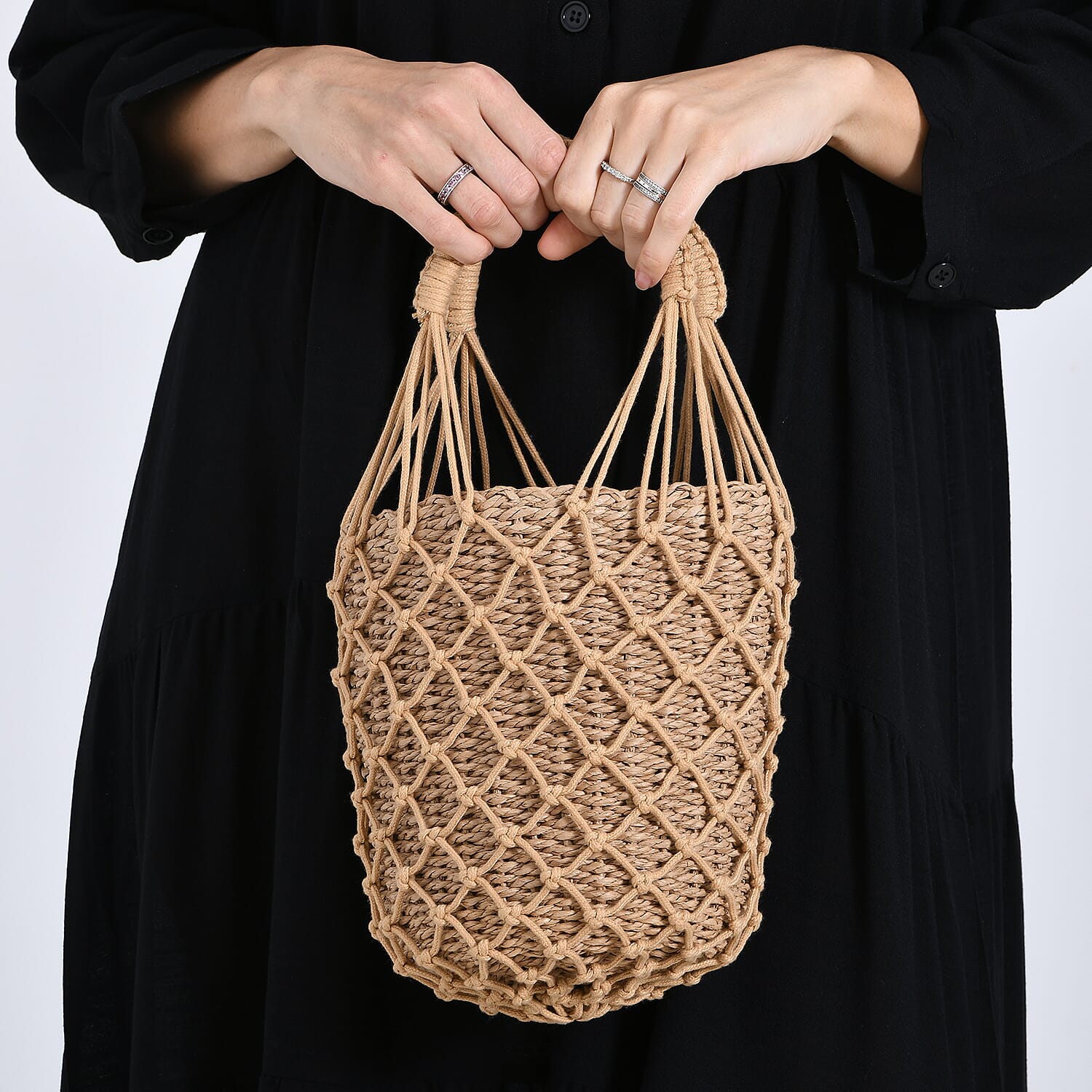 Bohemian Style Fishnet Bucket Bag - Khaki