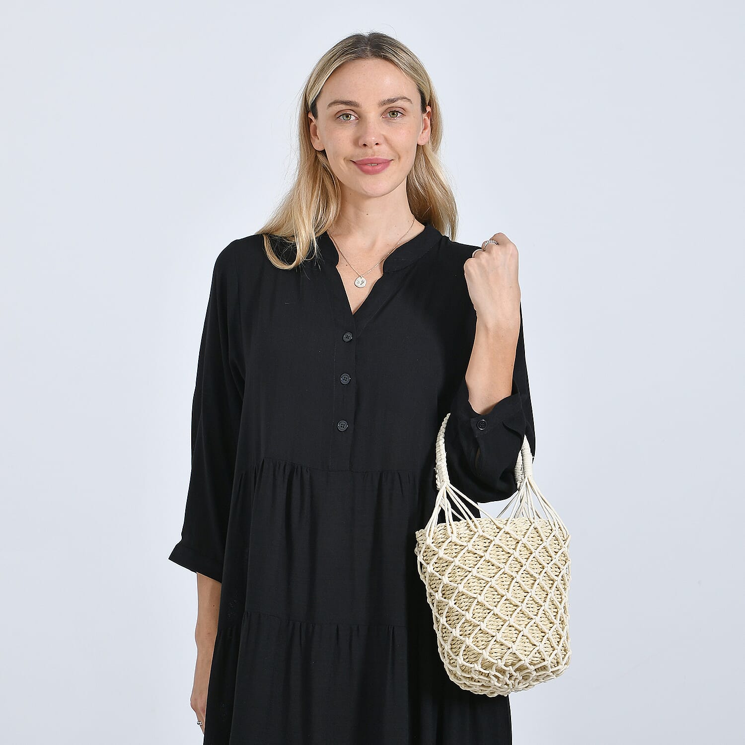 Bohemian Style Fishnet Bucket Bag - Beige