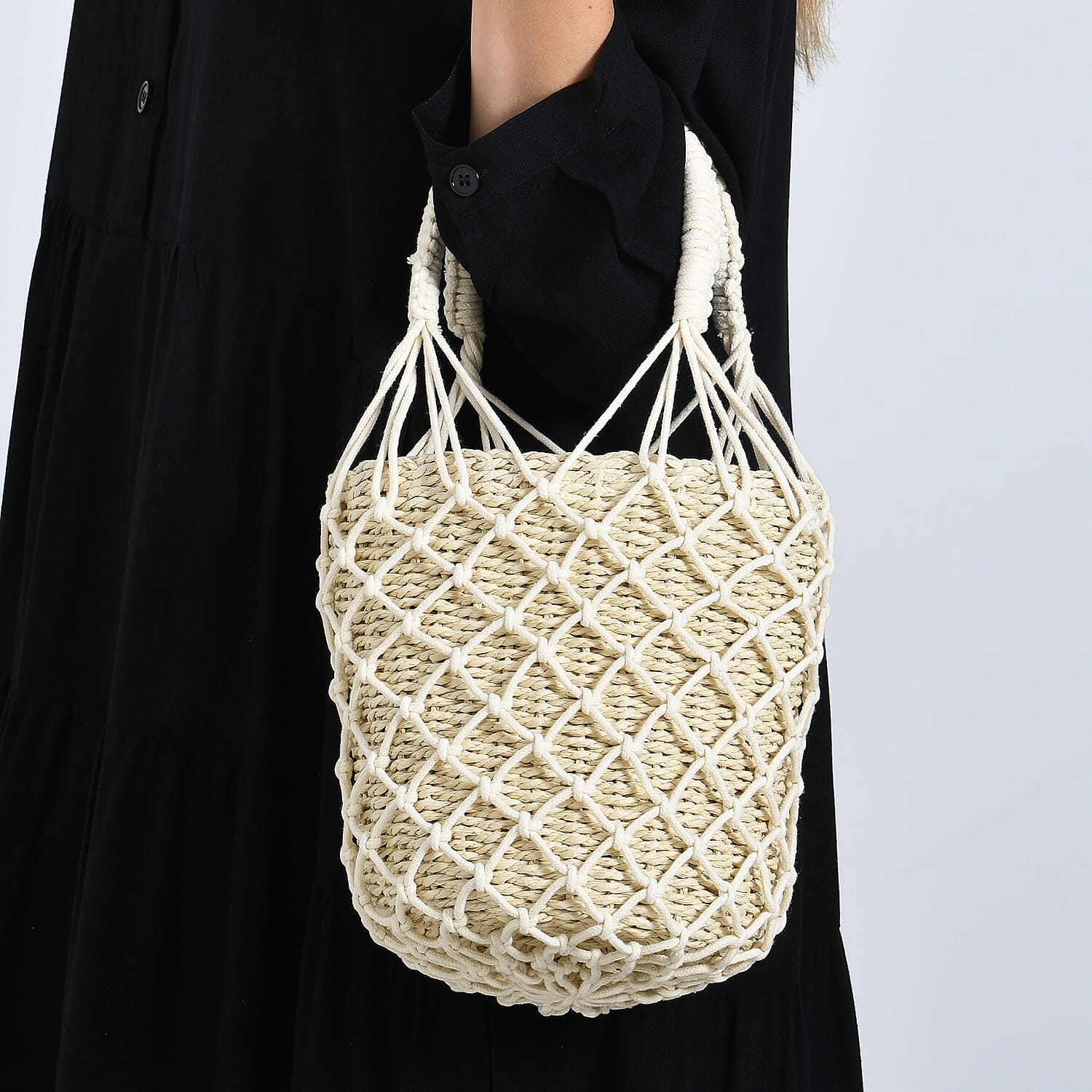 Bohemian Style Fishnet Bucket Bag - Beige