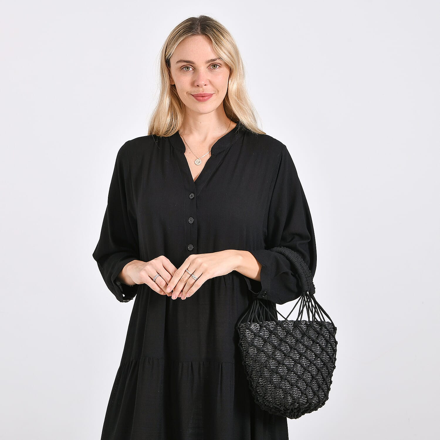 Bohemian Style Fishnet Bucket Bag - Black