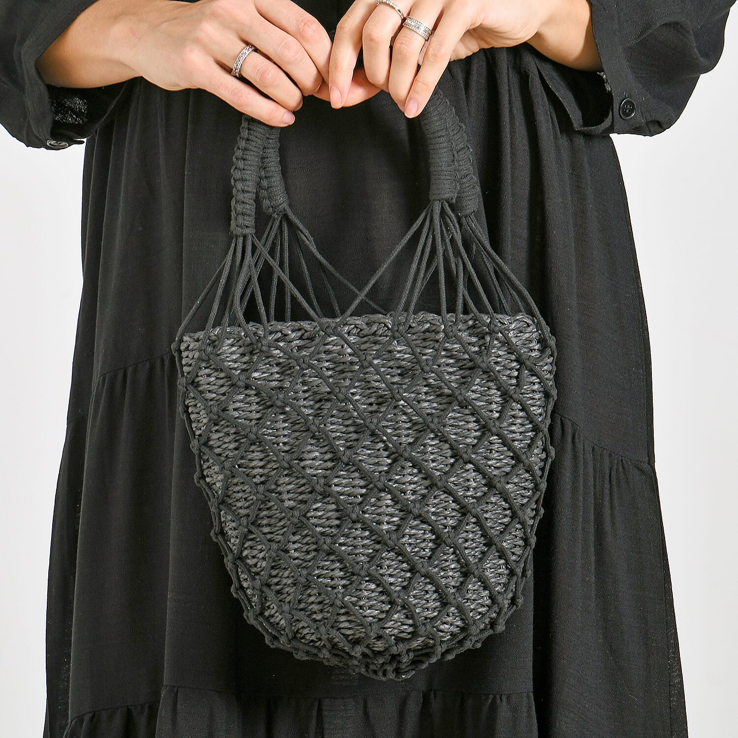 Bohemian Style Fishnet Bucket Bag - Black