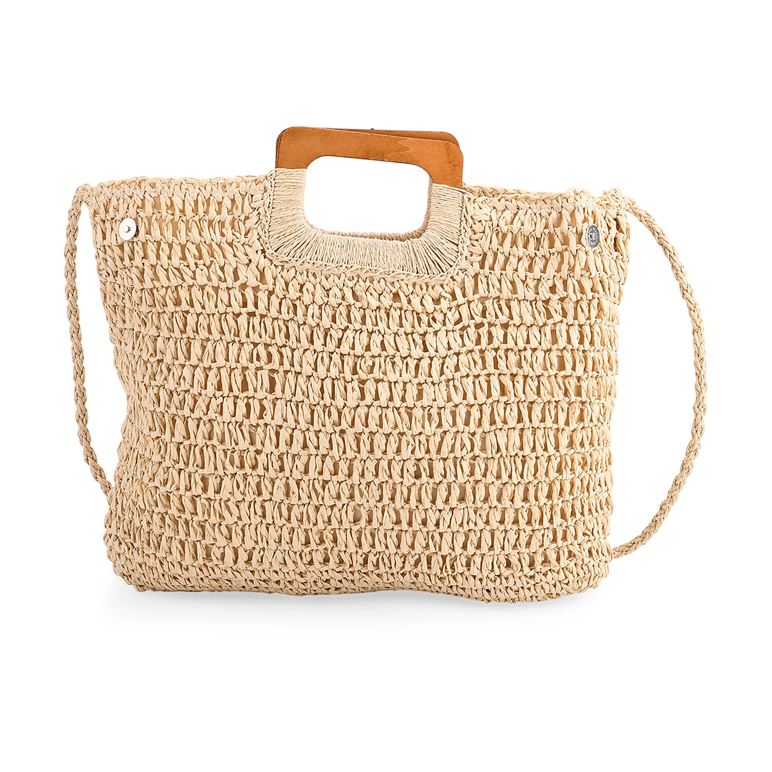 Bohemian Straw-Style Tote Bag with Top Handles - Beige