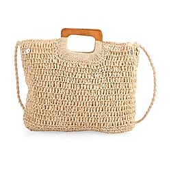 Bohemian Straw-Style Tote Bag with Top Handles - Brown