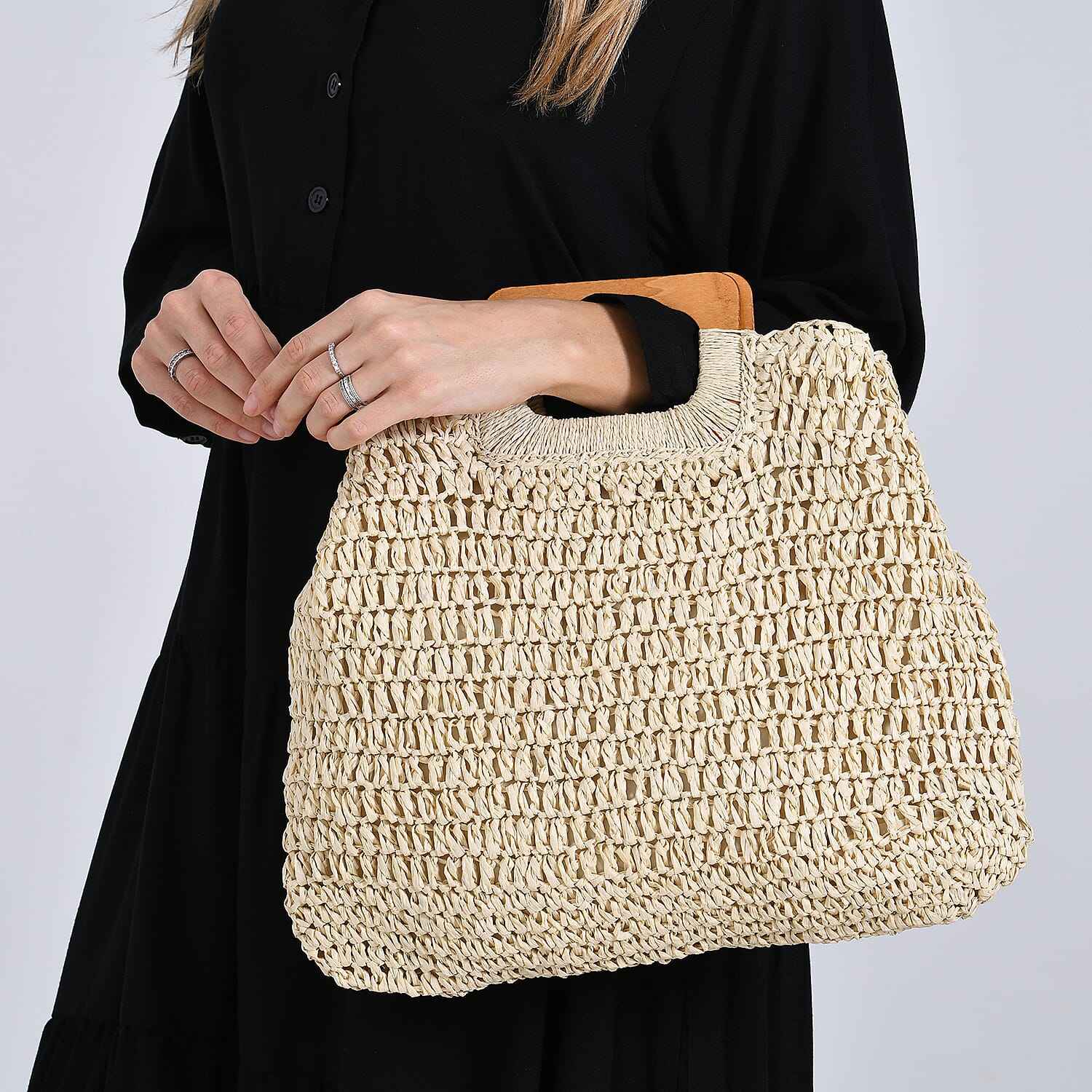Bohemian Straw-Style Tote Bag with Top Handles - Beige