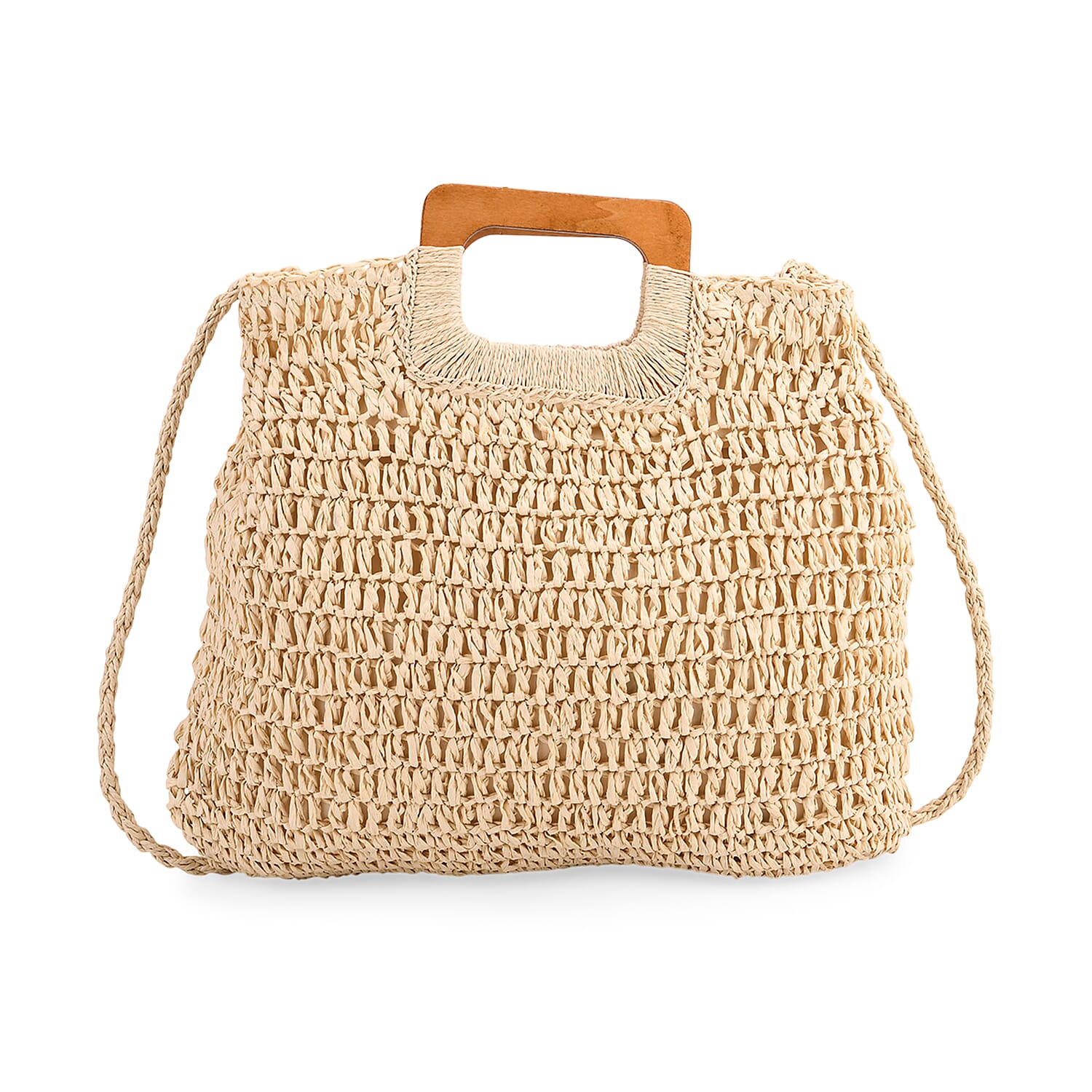 Bohemian Straw-Style Tote Bag with Top Handles - Beige