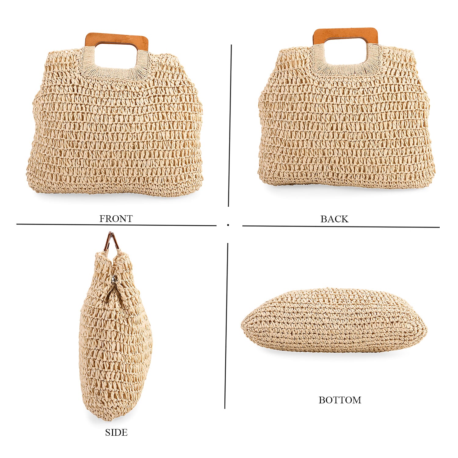 Bohemian Straw-Style Tote Bag with Top Handles - Beige