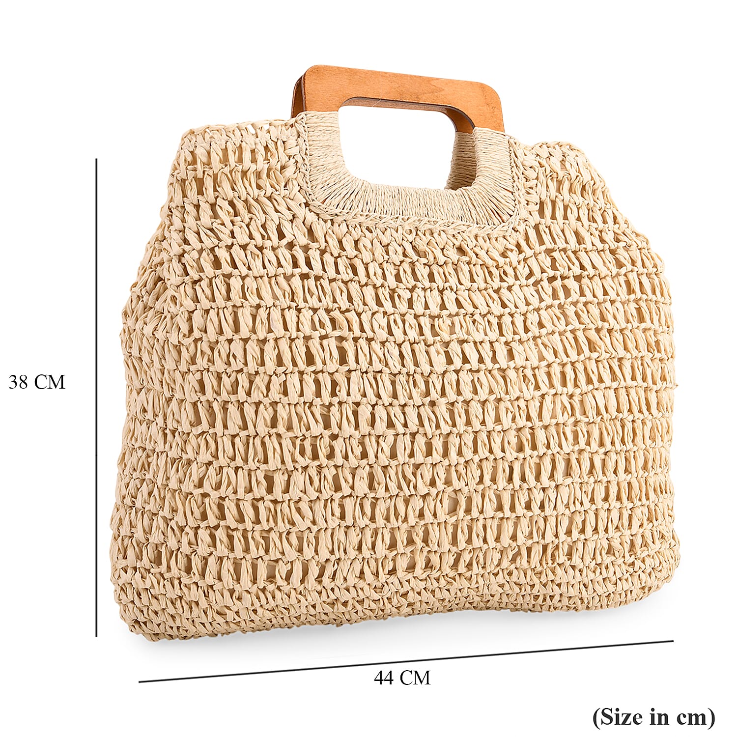Bohemian Straw-Style Tote Bag with Top Handles - Beige