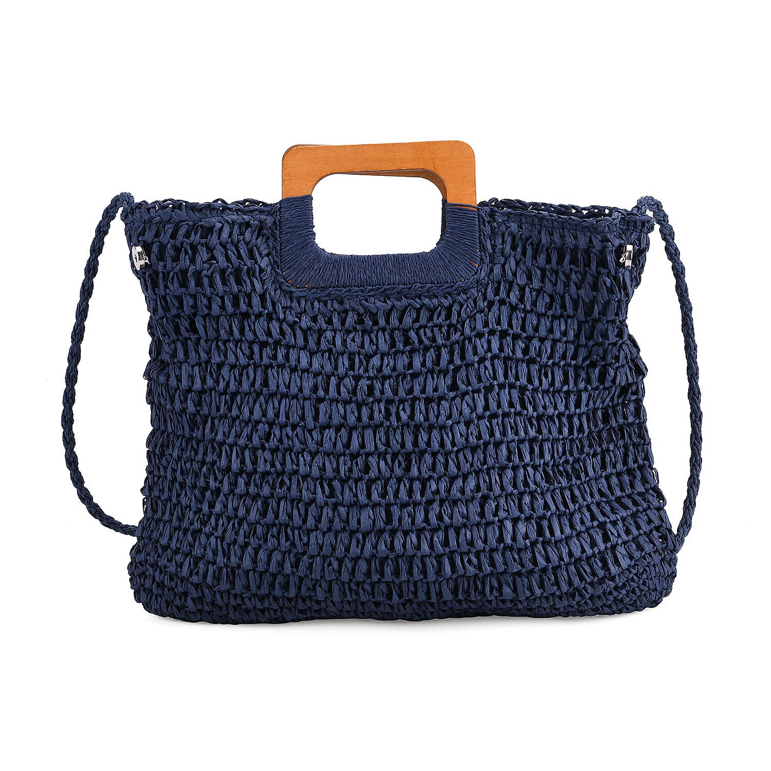 Bohemian Straw-Style Tote Bag with Top Handles - Navy