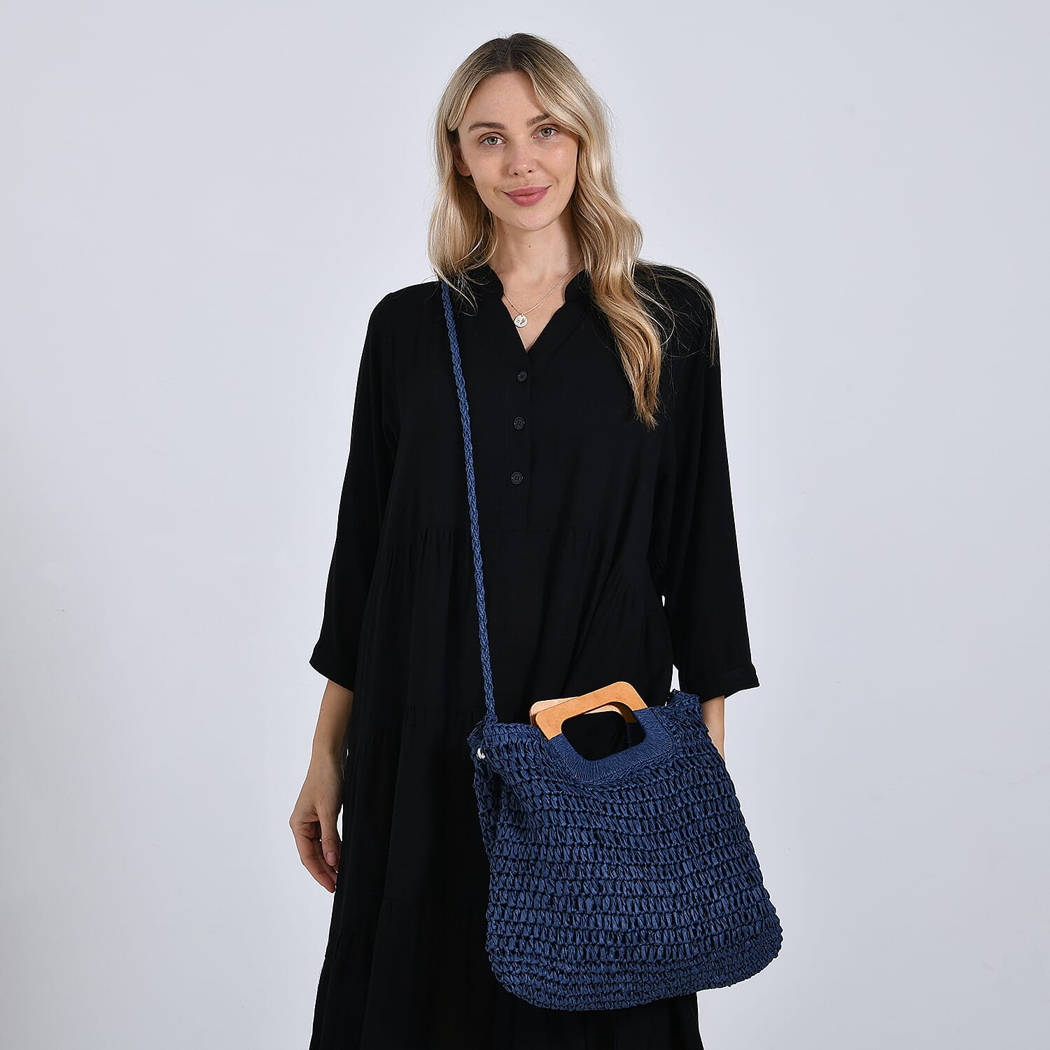 Bohemian Straw-Style Tote Bag with Top Handles - Navy