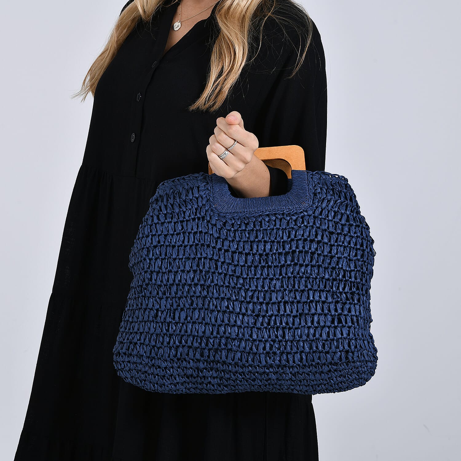 Bohemian Straw-Style Tote Bag with Top Handles - Navy