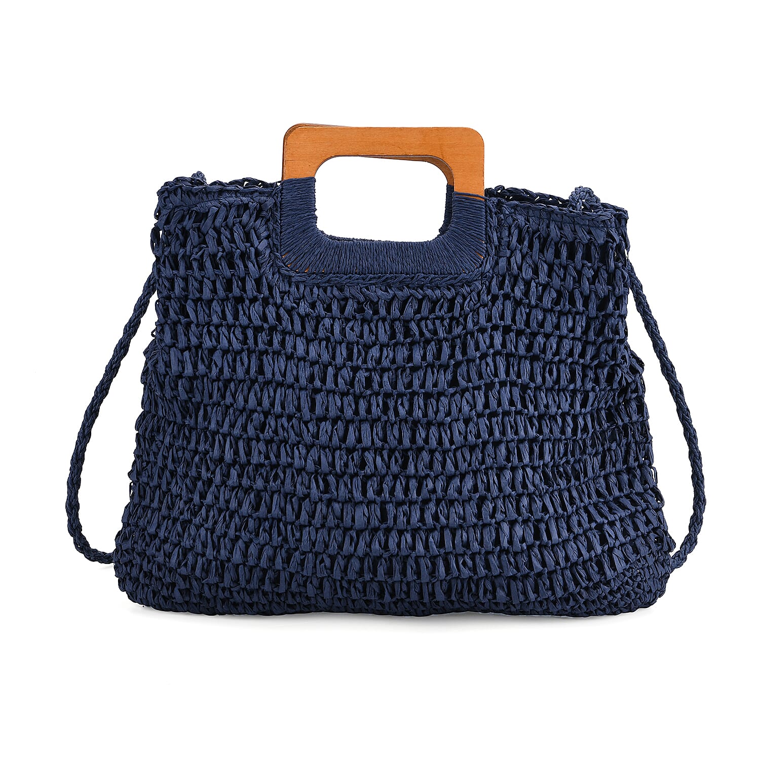 Bohemian Straw-Style Tote Bag with Top Handles - Navy