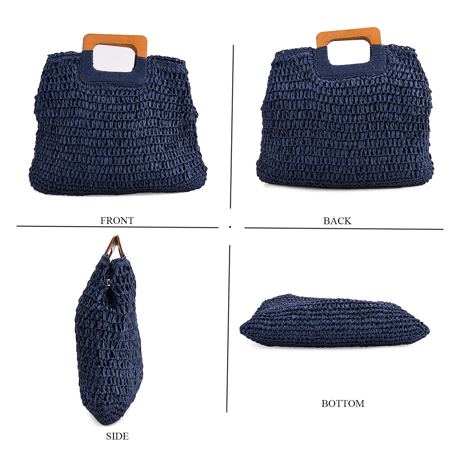 Bohemian Straw-Style Tote Bag with Top Handles - Navy