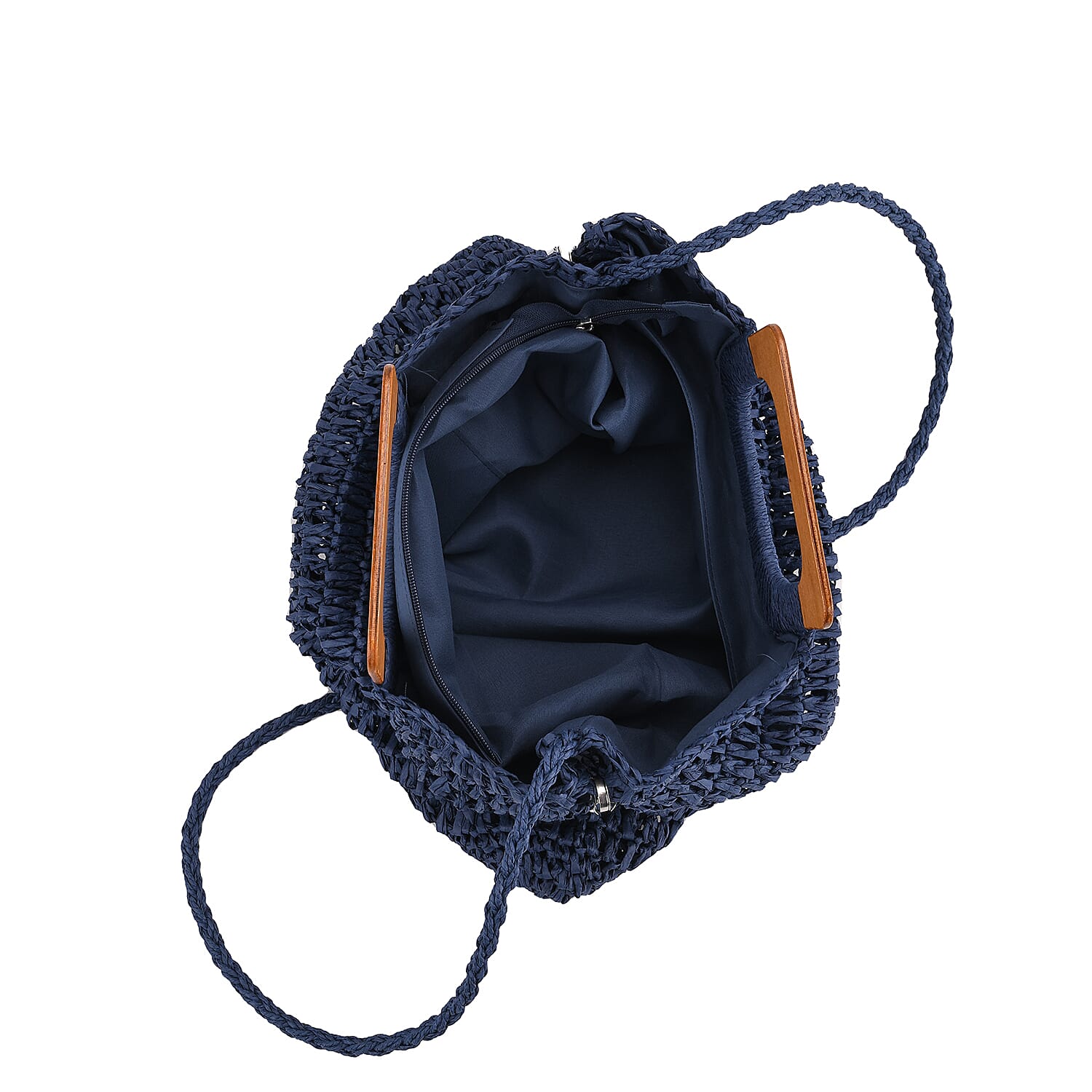 Bohemian Straw-Style Tote Bag with Top Handles - Navy