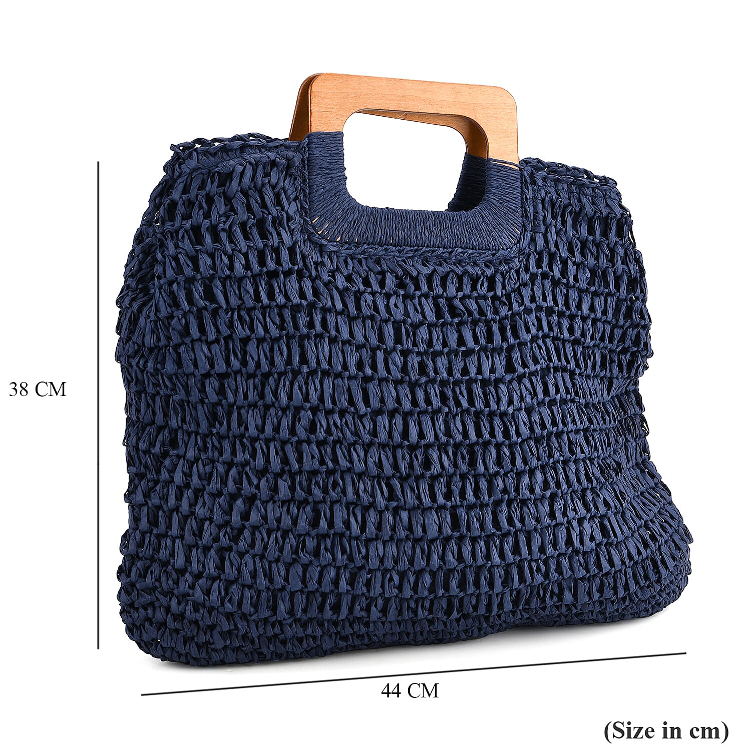 Bohemian Straw-Style Tote Bag with Top Handles - Navy
