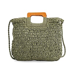 Bohemian Straw-Style Tote Bag with Top Handles - Brown