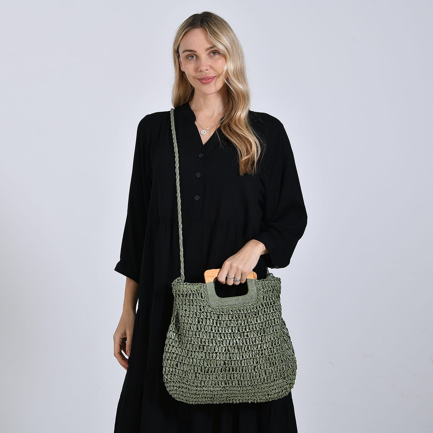 Bohemian Straw-Style Tote Bag with Top Handles - Green