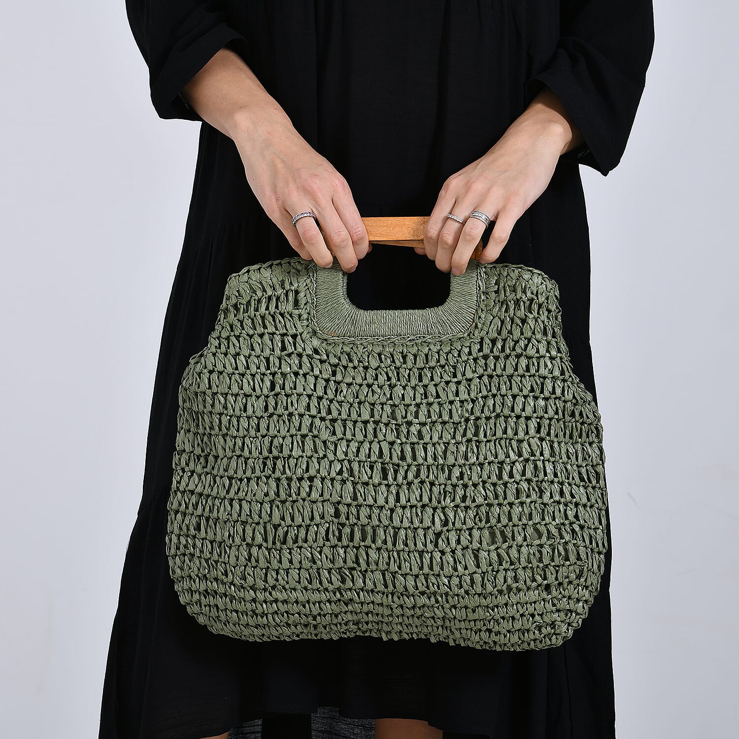 Bohemian Straw-Style Tote Bag with Top Handles - Green