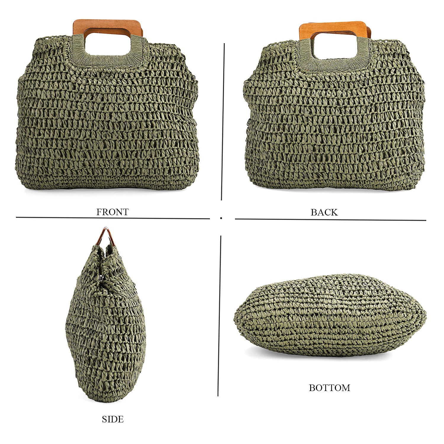 Bohemian Straw-Style Tote Bag with Top Handles - Green