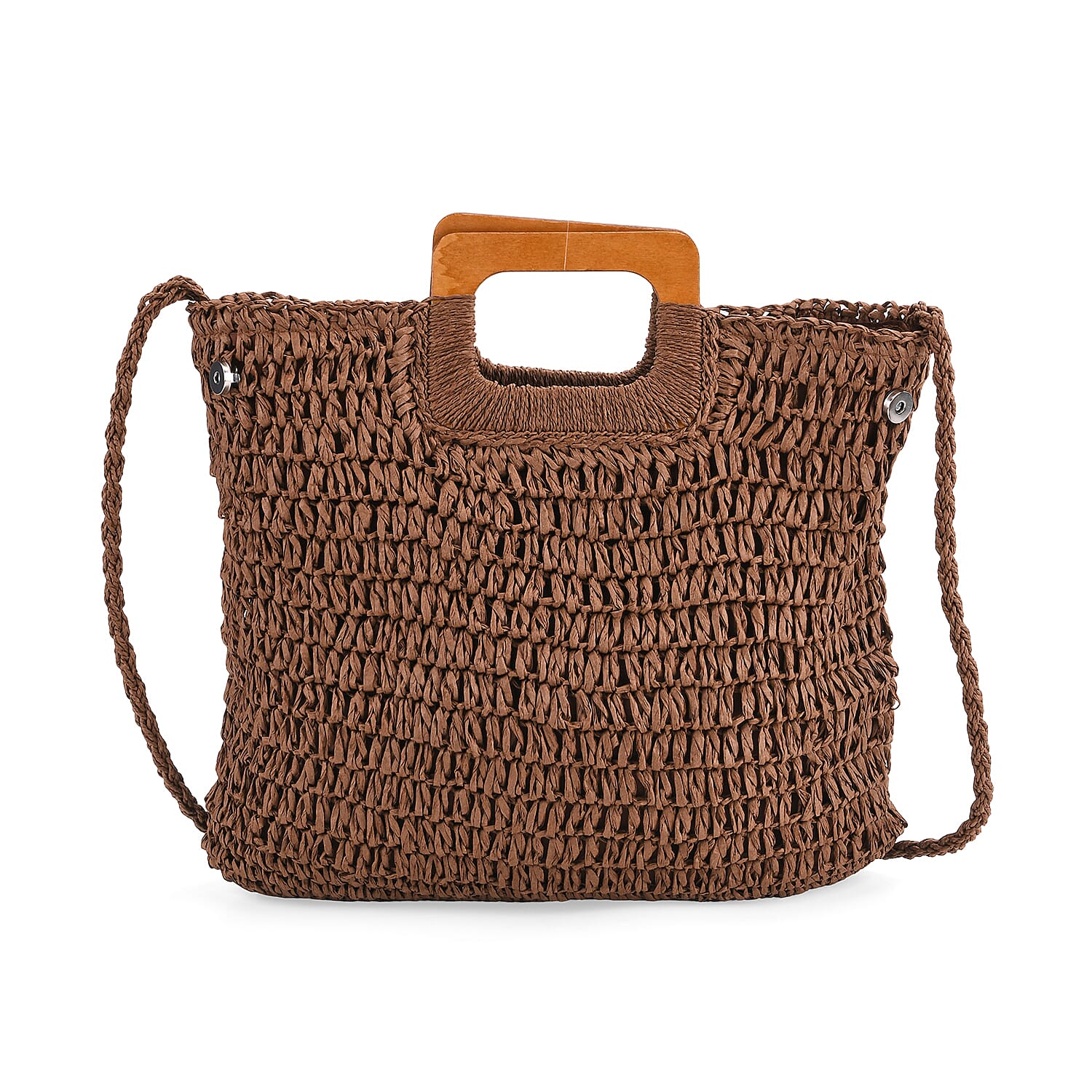 Bohemian Straw-Style Tote Bag with Top Handles - Brown